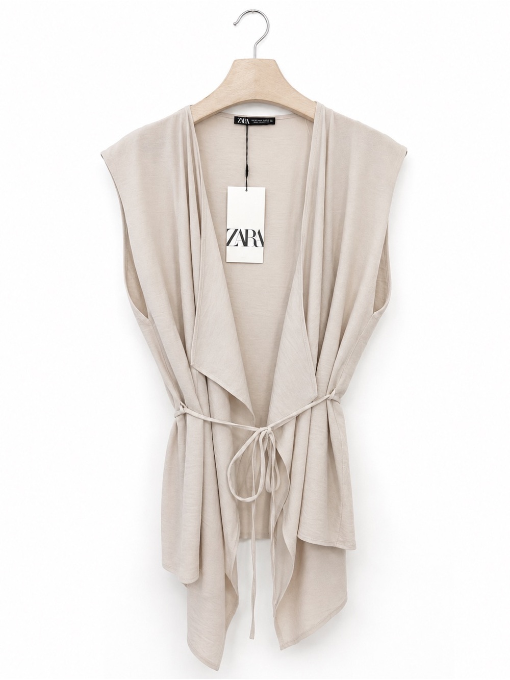 Zara Vest Asymmetrical Sleeveless Tie Front Beige Medium NWT Top Blouse